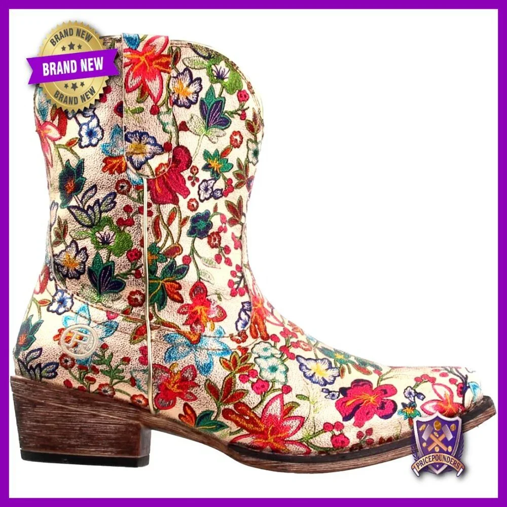 Floral Metallic Snip Toe Ankle Boots Low Heel Pull On Casual Chic Retro